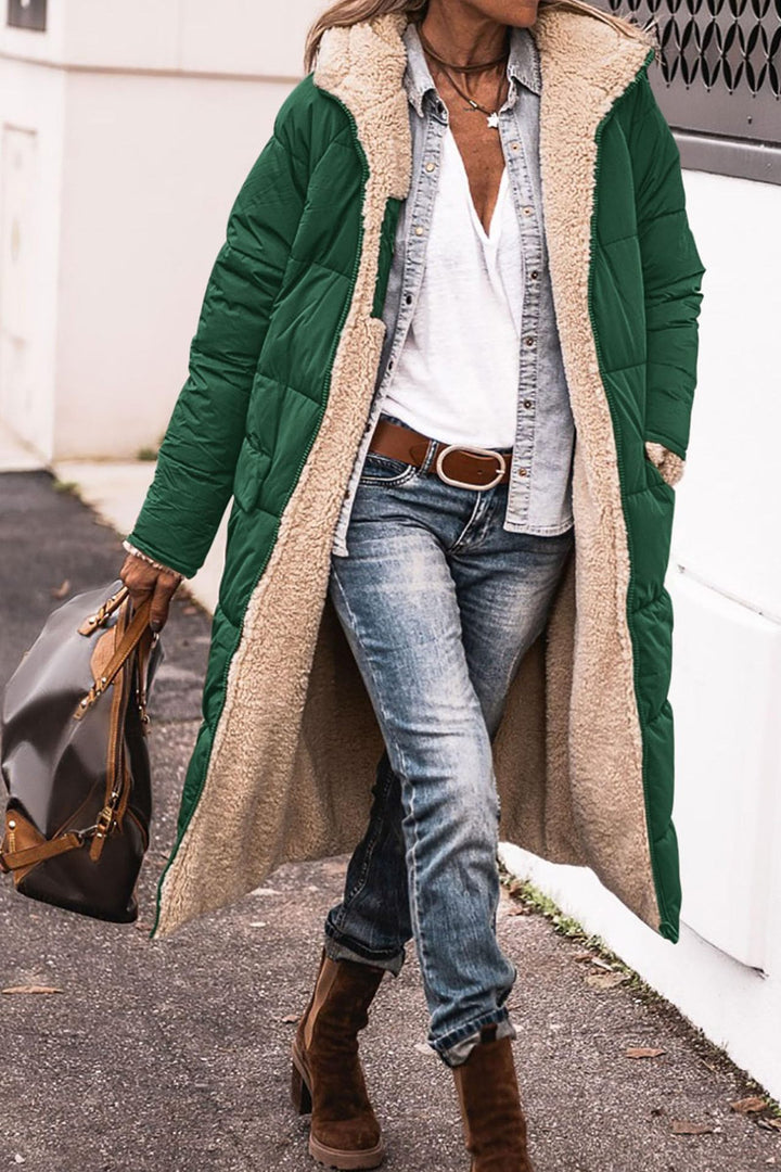 Reversible hooded long coat with pockets and raglan sleeves