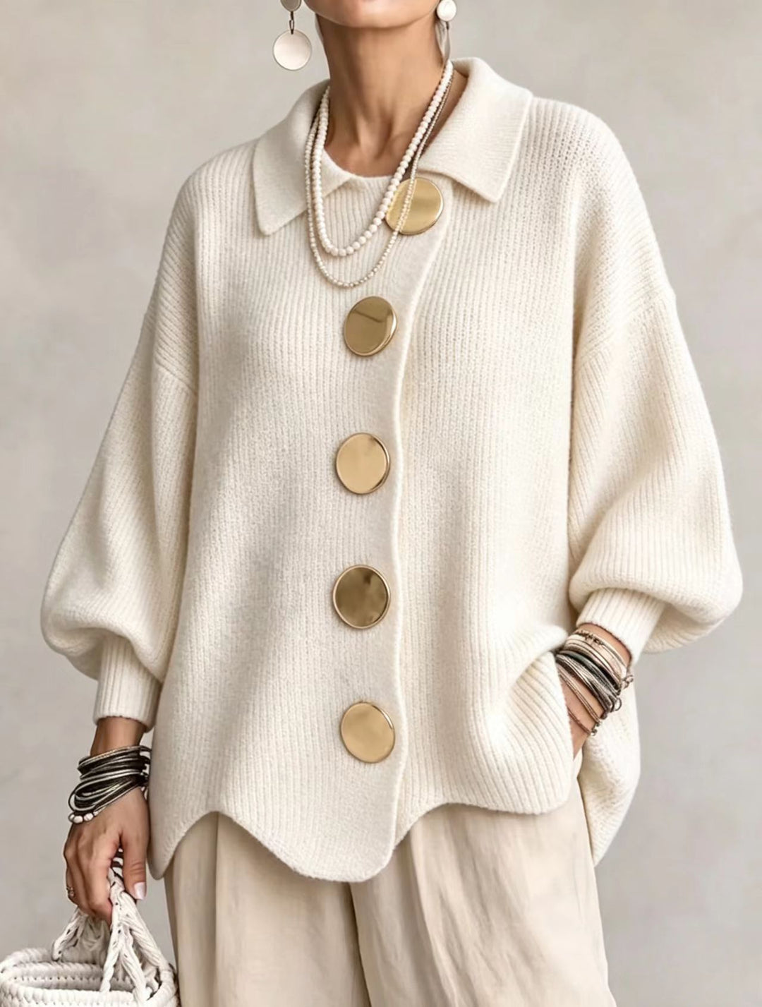 Lapel Button-Down Knit Cardigan with Relaxed Fit