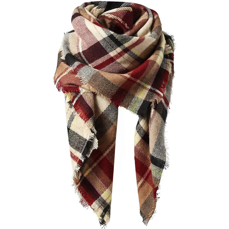 Red Plaid Blanket Scarf with Fringe, Oversized 59 x 59 Inches