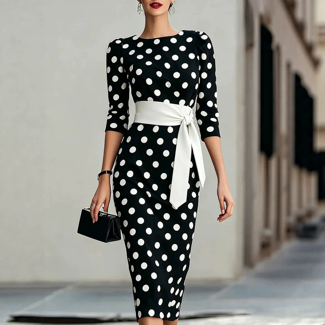 Polka Dot Midi Dress with Tie Waist and Three-Quarter Sleeves