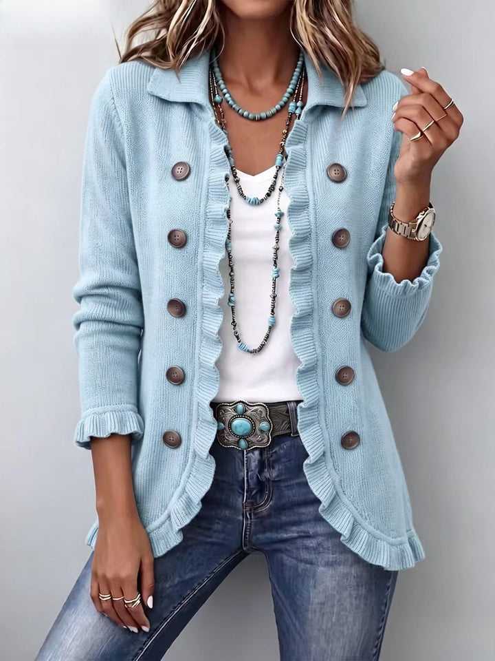 Ruffle Trim Knit Cardigan with Buttons and Slim Fit