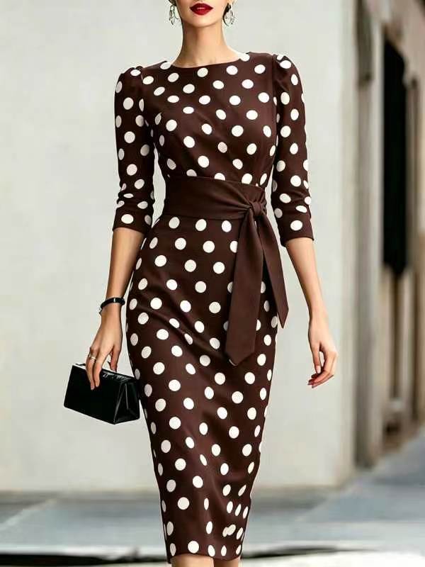 Polka Dot Midi Dress with Tie Waist and Three-Quarter Sleeves