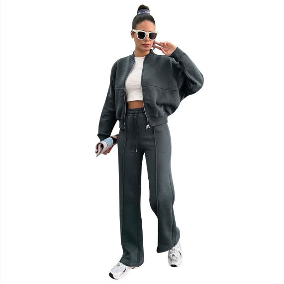 Woman in a zip jacket and wide-leg pants set