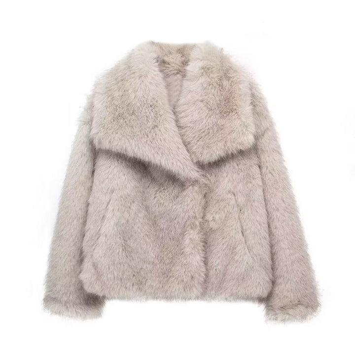 Fluffy faux fur jacket with a lapel collar and long sleeves