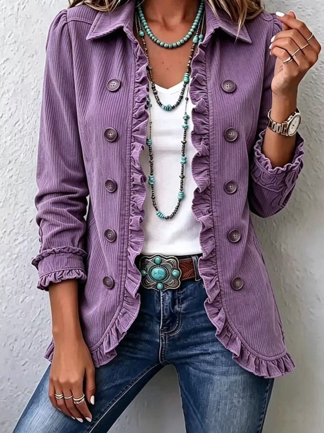 Ruffle Trim Knit Cardigan with Buttons and Slim Fit