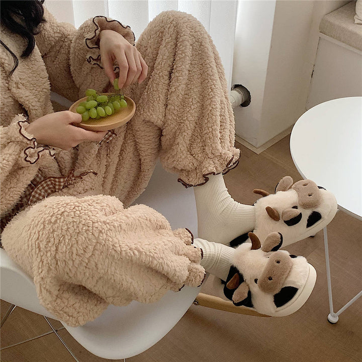 Fluffy Cow Slippers for Women with Non-Slip Sole