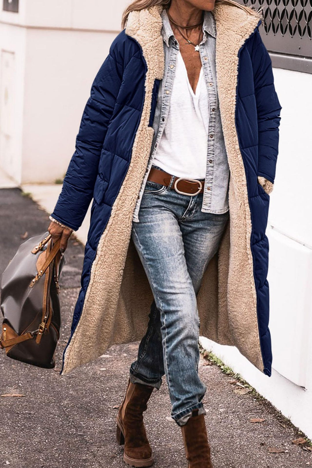 Reversible hooded long coat with pockets and raglan sleeves